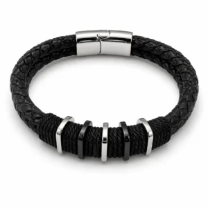 Bracelet Homme en Cuir Tressé – Noir & Acier