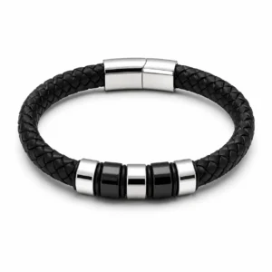 Bracelet Homme en Cuir Tressé – Noir & Acier
