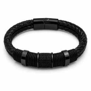 Bracelet Homme Noir en Cuir Tressé – Style Biker