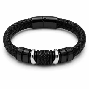 Bracelet Homme en Cuir Tressé Noir – Détails Noir & Argent